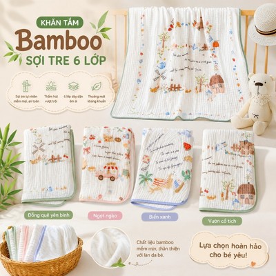 Khăn tắm cho bé KidAndMom vải xô Bamboo sợi tre 6 lớp đa năng làm chăn khăn quấn cho bé KT 110x110cm