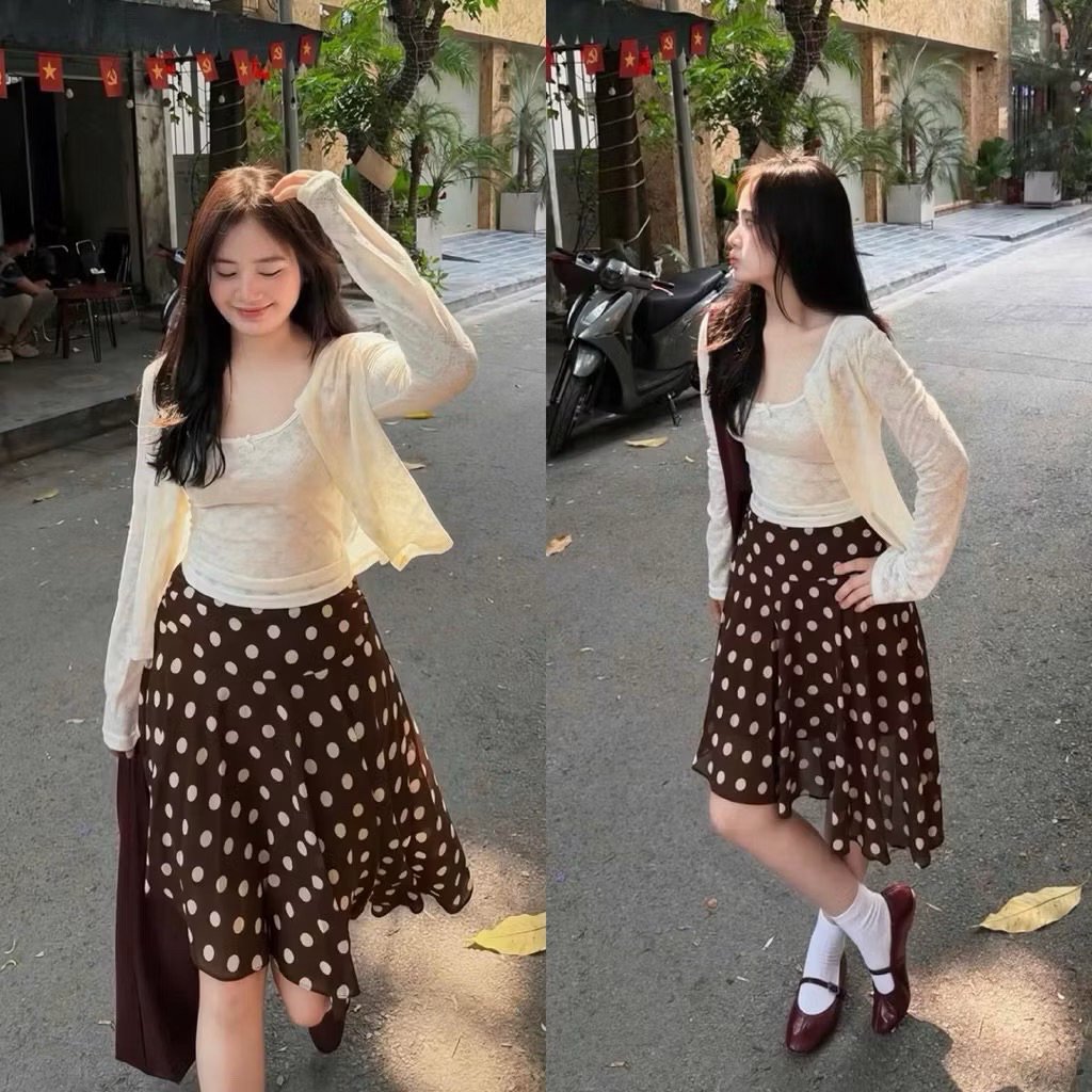 Set áo hai dây ren mix cadigan phối chân váy chấm bi lệch tà “MIA” | BigBuy360 - bigbuy360.vn