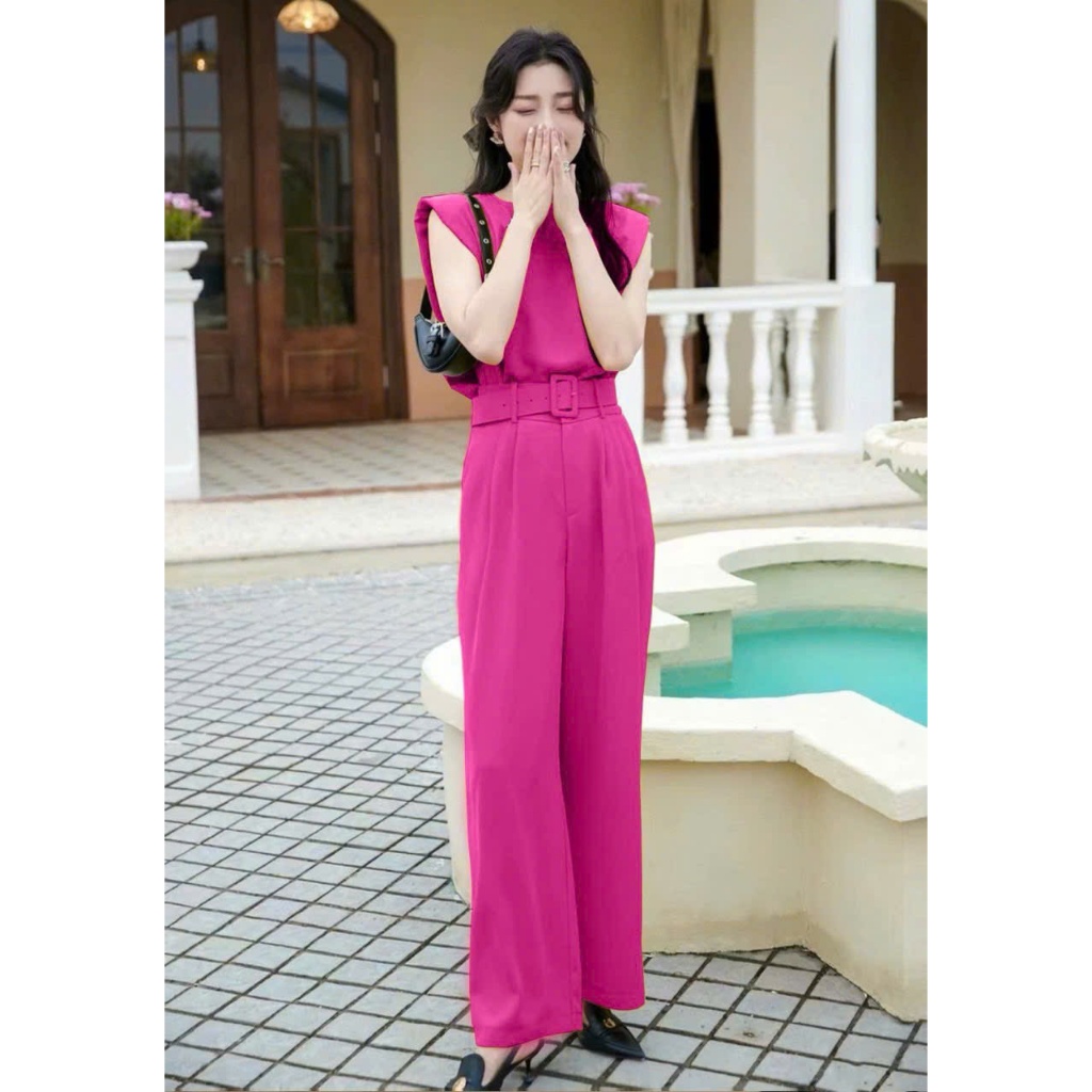 Set bộ quần culottes+ áo chờm vai 2 màu hồng đen A2348