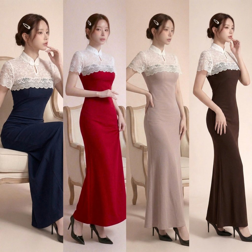 Đầm Body Cổ Tàu Phối Ren Sang Trọng. Chất Cotton Mềm D222
