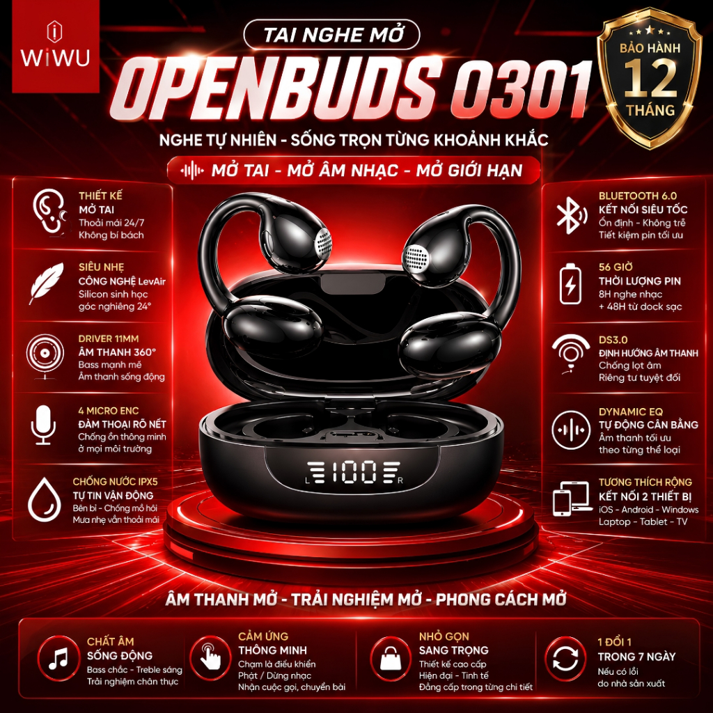 Tai nghe thể thao Open-Ear bluetooth 6.0 WIWU OpenBuds O301 Open-Ear 4 Mic ENC Âm Thanh 360° Driver 