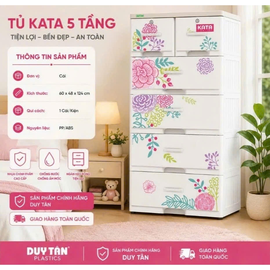 Tủ Quần Áo KATA 5 Tầng ,Nhựa PP/ABS,Gồm 4 Hộc Lớn và 2 Hộc Nhỏ Tiện Lợi DUY TÂN Design🐬TBA PREMIUM🐬