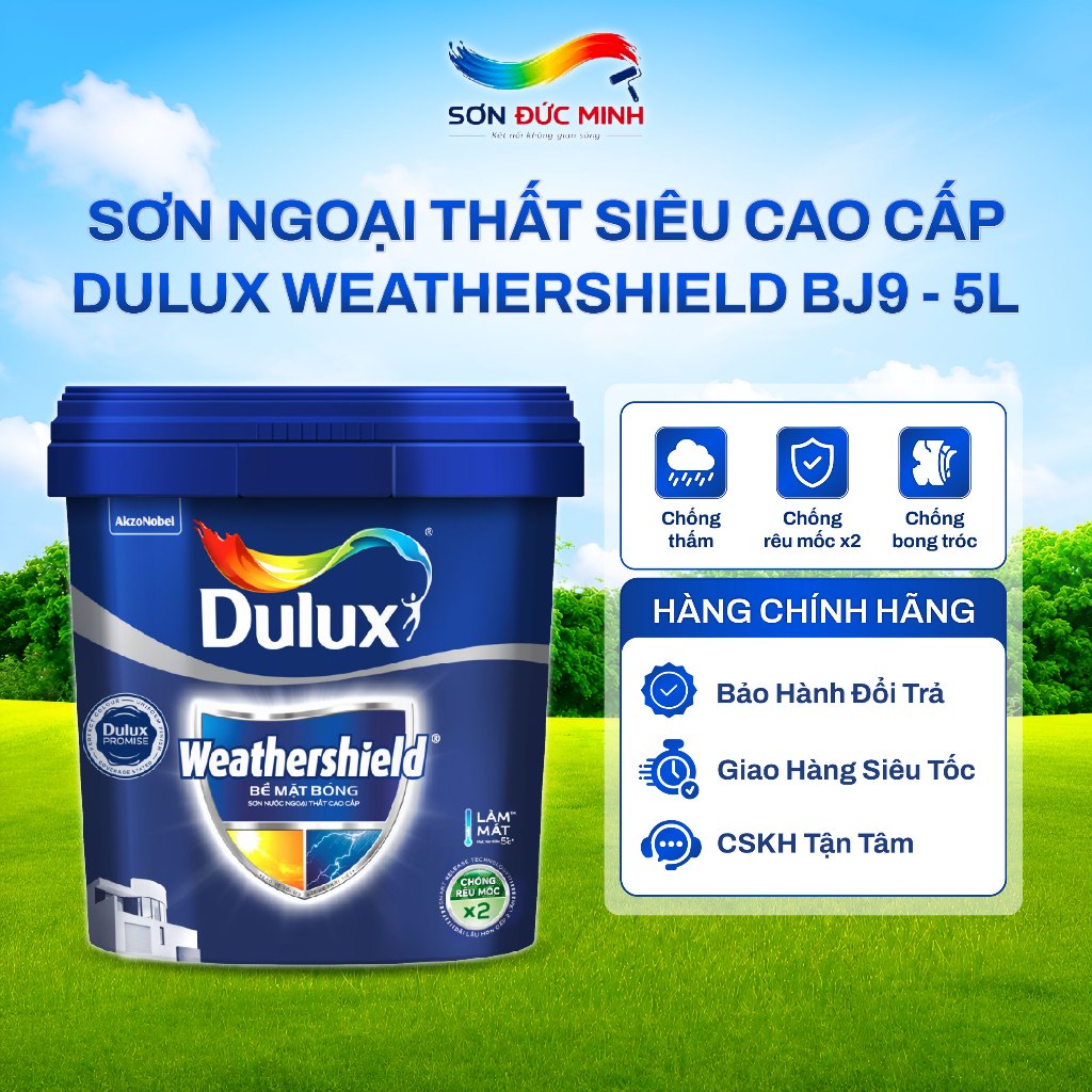 Dulux Weathershield BJ9-A 5L Sơn Ngoại Thất Siêu Cao Cấp Bề Mặt Bóng Chống Rêu Mốc Bền Màu Đến 8 Năm