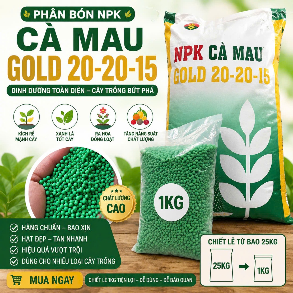 Phân Bón NPK Cà Mau 20-20-15 1Kg - Kích Rễ, Bung Đọt, Xanh Lá, Ra Hoa Đồng Loạt, Tăng Năng Suất, phâ