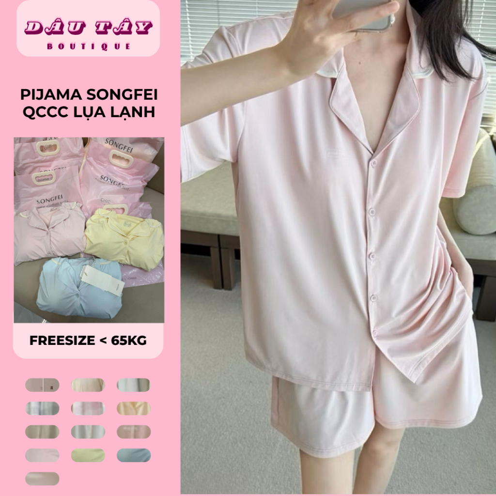DÂU TÂY ( CÓ SẴN ) Bộ Pijama Songfei Hàng QCCC Lụa Lạnh Nữ Cộc Tay Quần Đùi Set Mặc Nhà Thoáng Mát Phối Viền