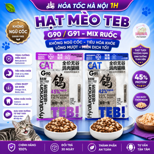 Hạt TEB G TEB G90, G91 Không Độn Ngũ Cốc Dành Cho Mèo  - Túi 1.5kg - 96% Protein Mix Ruốc Chà Bông