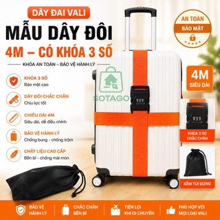 Dây Đai Hành Lý 4m – Dây Đôi Khóa Số Tiện Lợi- Dây Đai Vali Du Lịch Khóa Mã 3 Số – Chữ Thập Cố Định- Dây Quấn Vali Chống