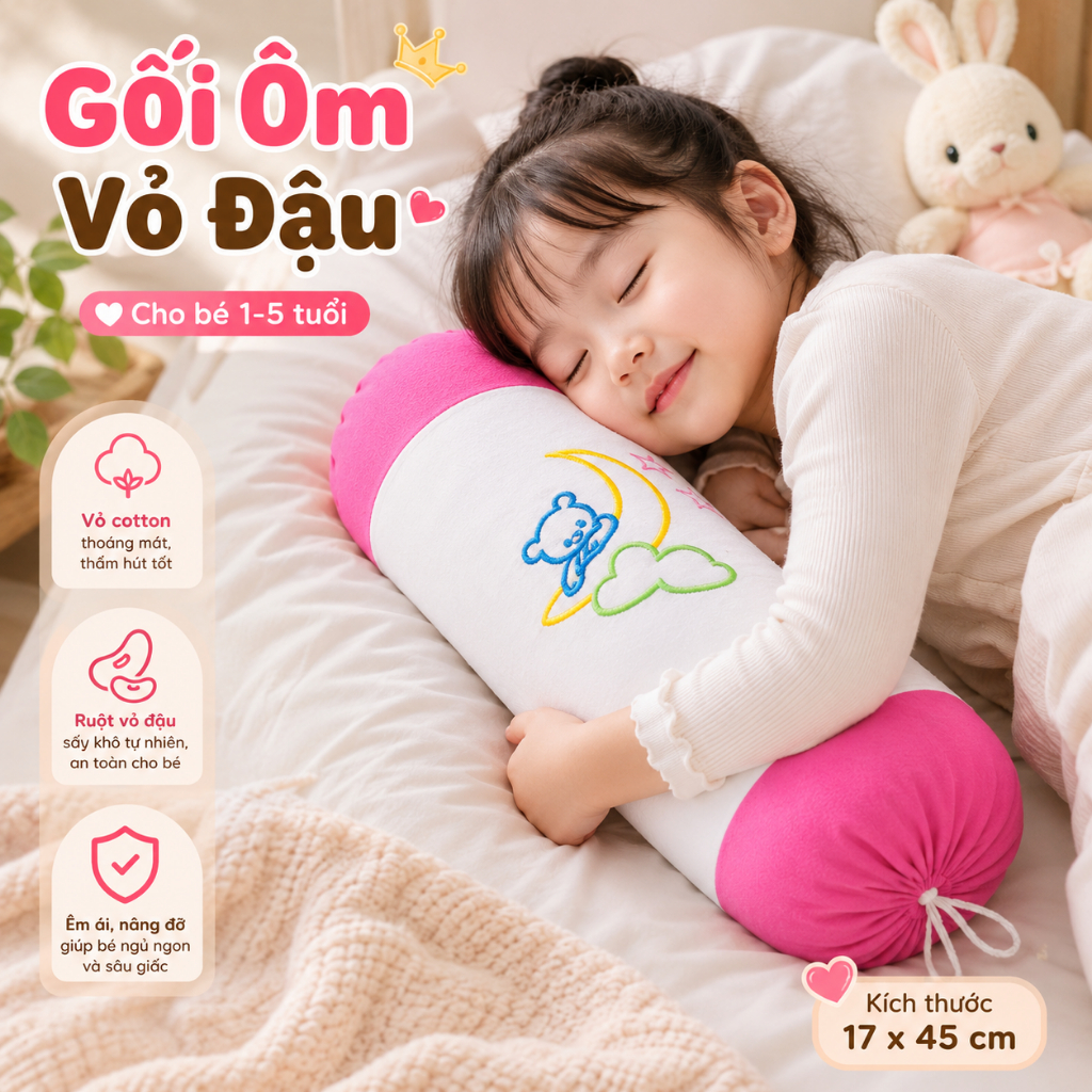 Gối Ôm Vỏ Đậu Xanh Cao Cấp Cho Bé 1-5 Tuổi - Chống Giật Mình, Giúp Bé Ngủ Ngon Sâu Giấc