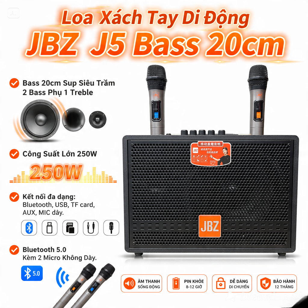 Loa Xách Tay Di Động JBZ J5 Bass 20cm Siêu Trầm Kèm 2 micro, pin trâu, hát cực đã