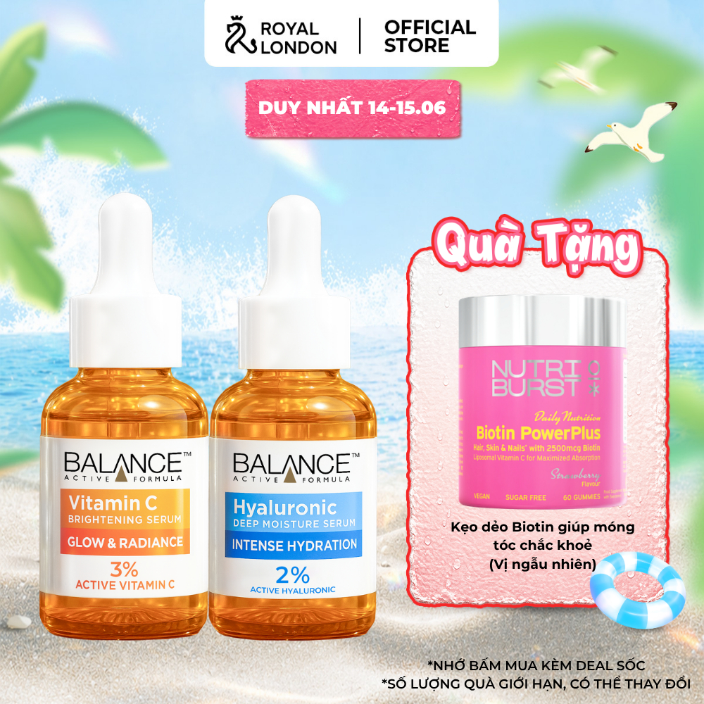 Combo sáng da và dưỡng ẩm serum Vitamin C 3% + Serum Hyaluronic Balance Active Formula 30ml/ chai