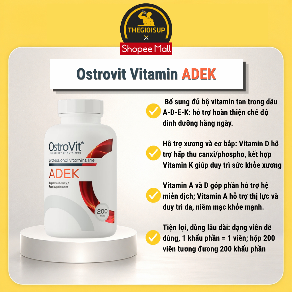 Ostrovit ADEK (200 viên) Bổ Sung Vitamin Toàn Diện A, D, E, K, Hỗ Trợ Mắt, Da, Tim Mạch, Xương Khớp