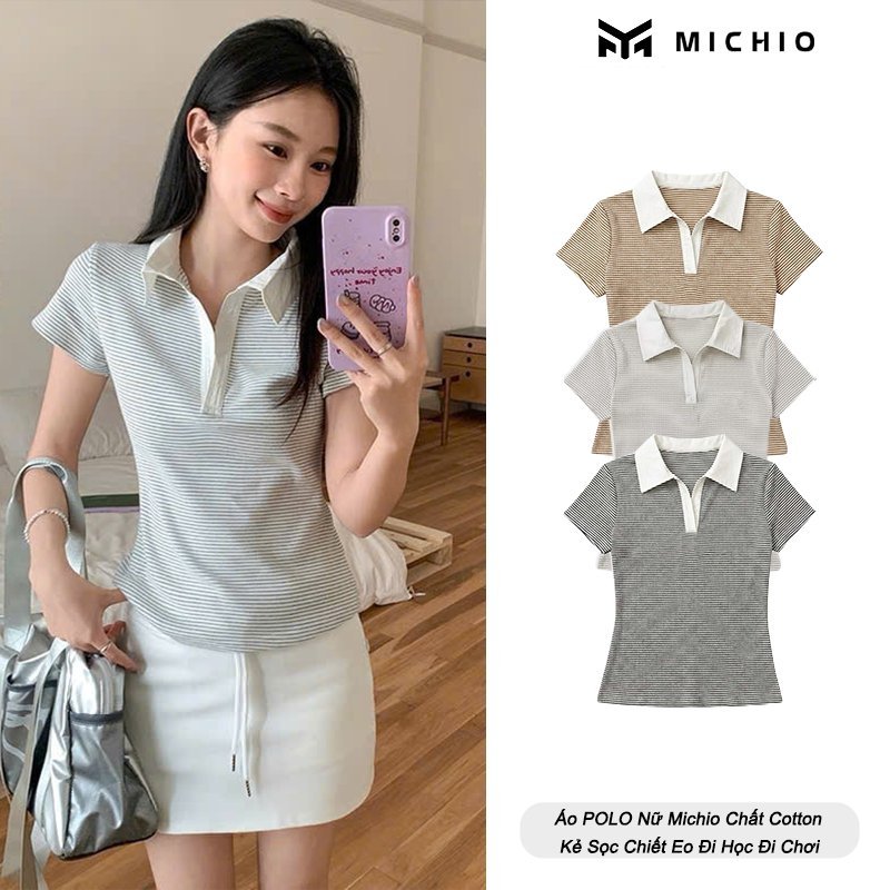 Áo POLO Nữ Michio Cổ Xẻ Chiết Eo Chất Cotton Thoáng Mát Kẻ Sọc Đi Học Đi Chơi