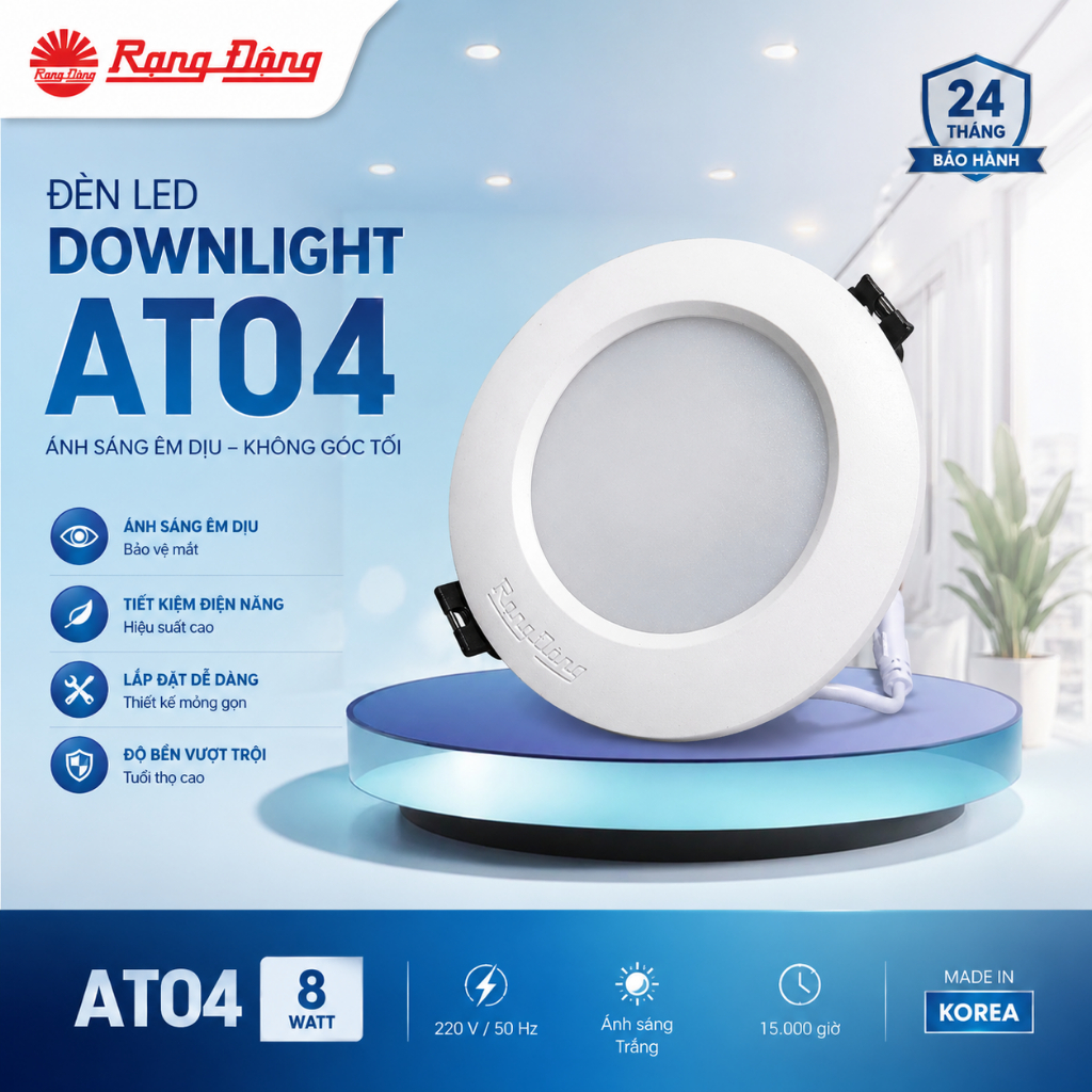Rạng đông official. Led downlight AT04 Rạng đông, ánh sáng trắng,  vàng, trung tính.