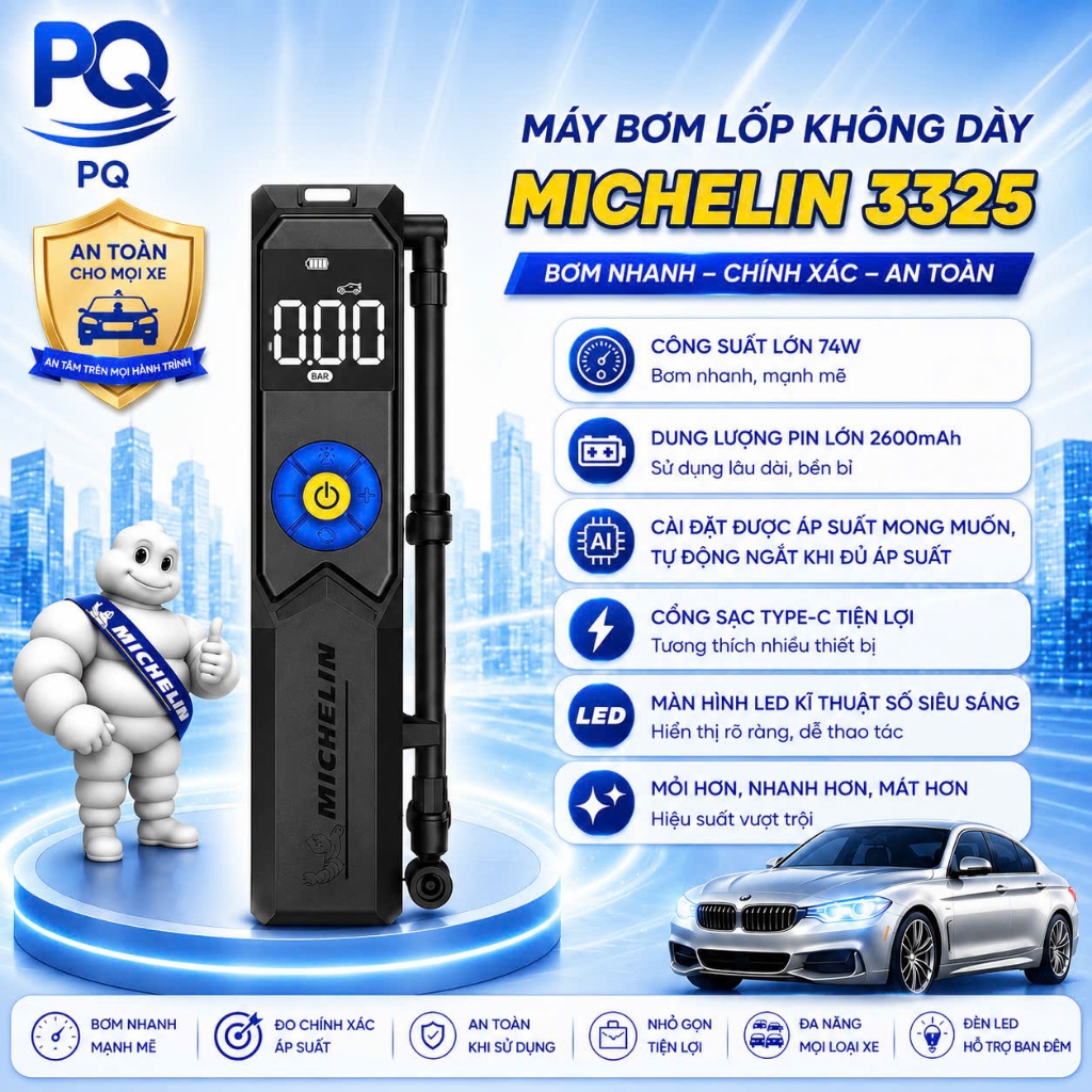 Máy Bơm Lốp Mini Cao Cấp Tự Động Ngắt MICHELIN 3325 Dùng Pin Bơm Xe Đạp, Xe Máy, Ô Tô, Xe Hơi