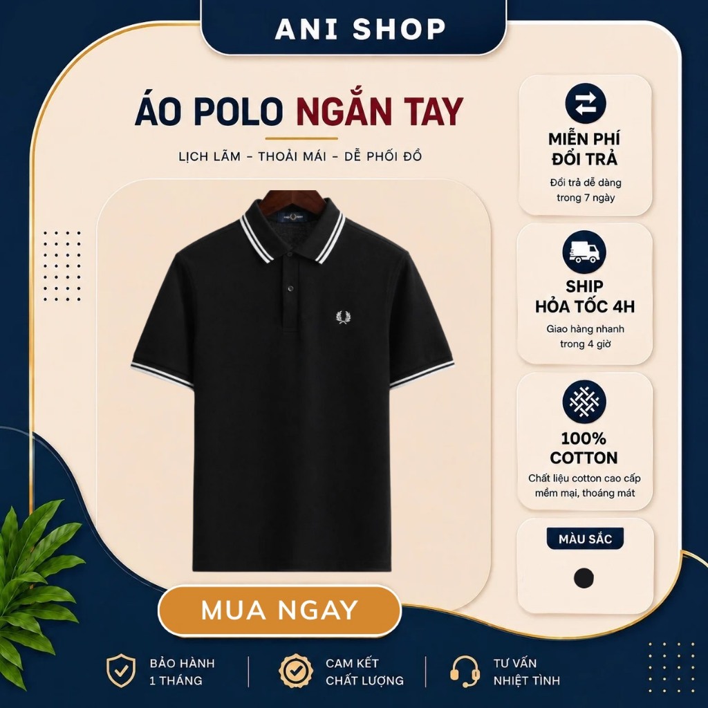 Áo Polo Fred Perry Đen Cổ Viền Trắng Chính Hãng – Áo Nam Cao Cấp Form Ôm Co Giãn 4 Chiều