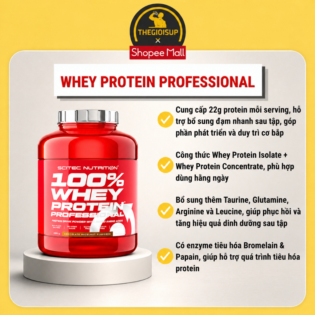 Sữa Bột Scitec Nutrition 100% Whey Protein Professional (5Lbs), Bổ Sung Protein, BCAA và EAA