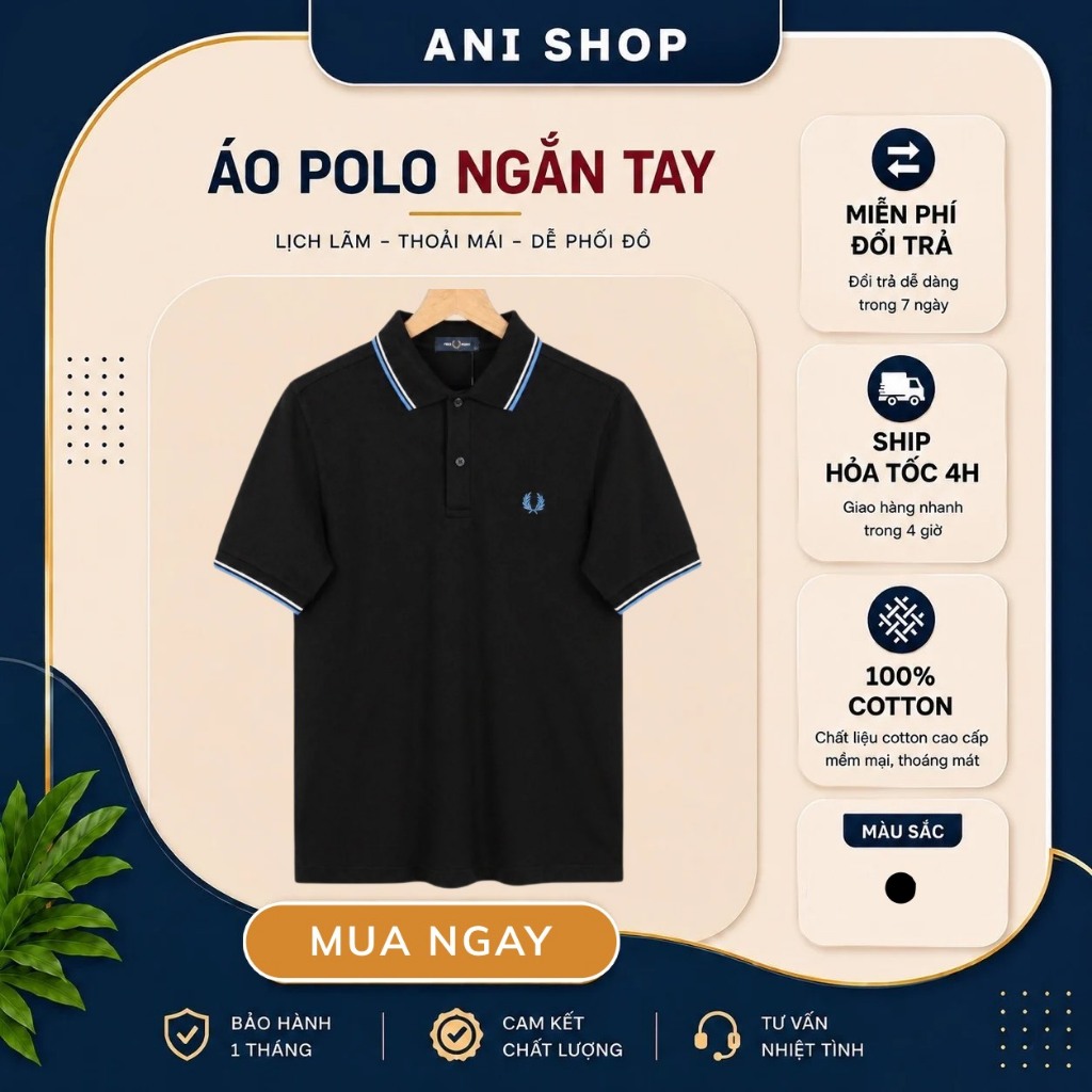 Áo Polo Fred Perry Đen Cổ Viền Trắng Xanh Chính Hãng – Áo Nam Cao Cấp Form Ôm Co Giãn 4 Chiều