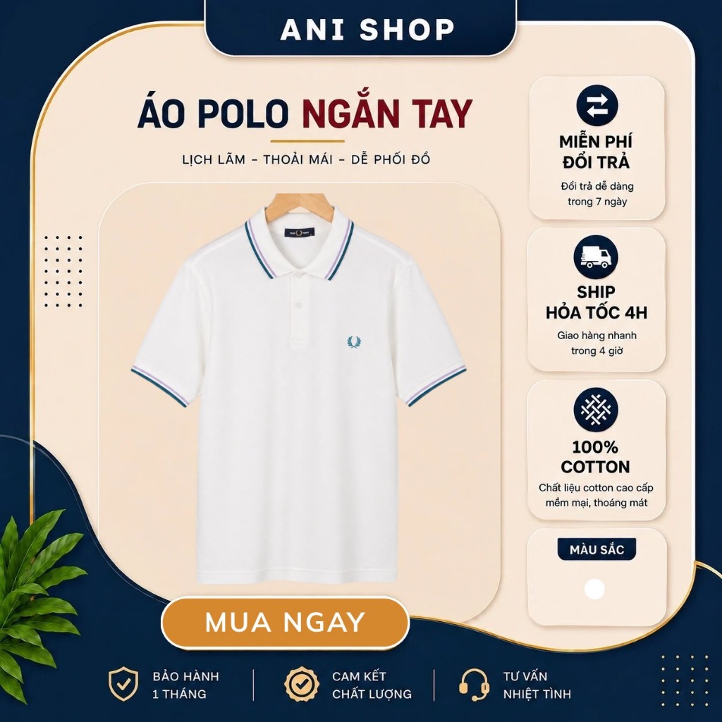 Áo Polo Fred Perry Trắng Cổ Viền Xanh Tím Chính Hãng – Áo Nam Cao Cấp Form Ôm Co Giãn 4 Chiều
