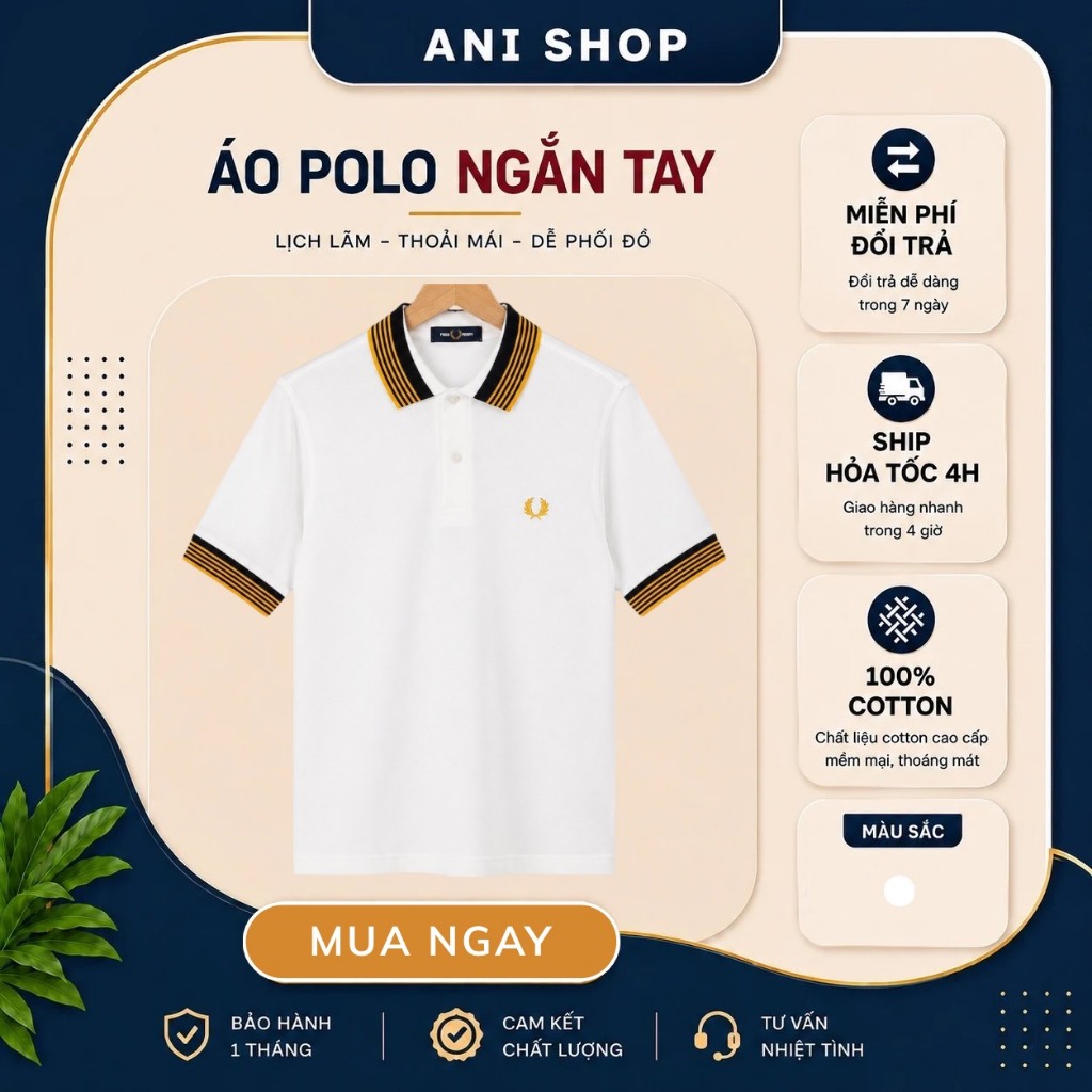Áo Polo Fred Perry Trắng Cổ Viền Vàng Chính Hãng – Áo Nam Cao Cấp Form Ôm Co Giãn 4 Chiều