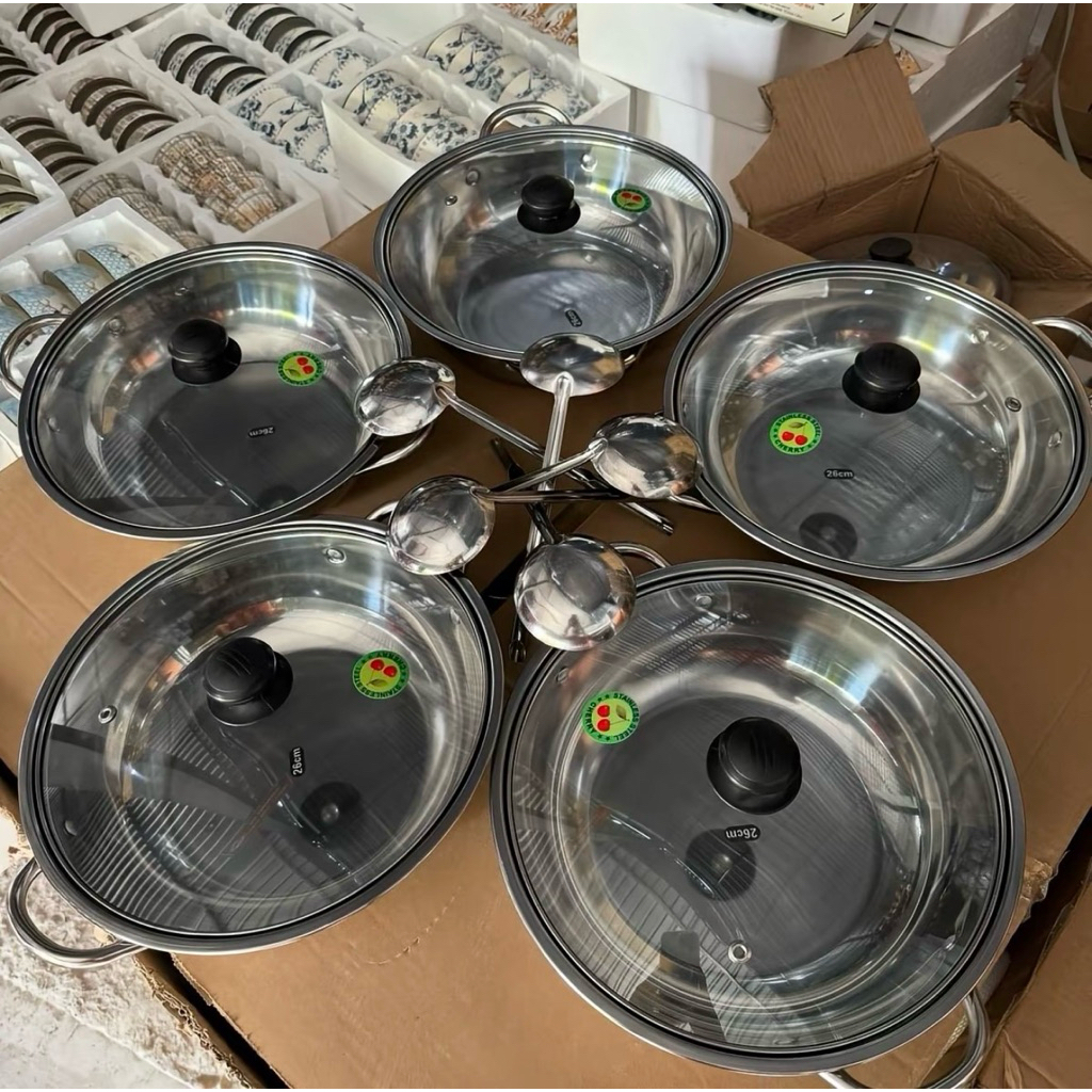 Bộ 5 nồi lẩu inox 26cm kèm 5 rỗ lẩu 5 vá lẩu