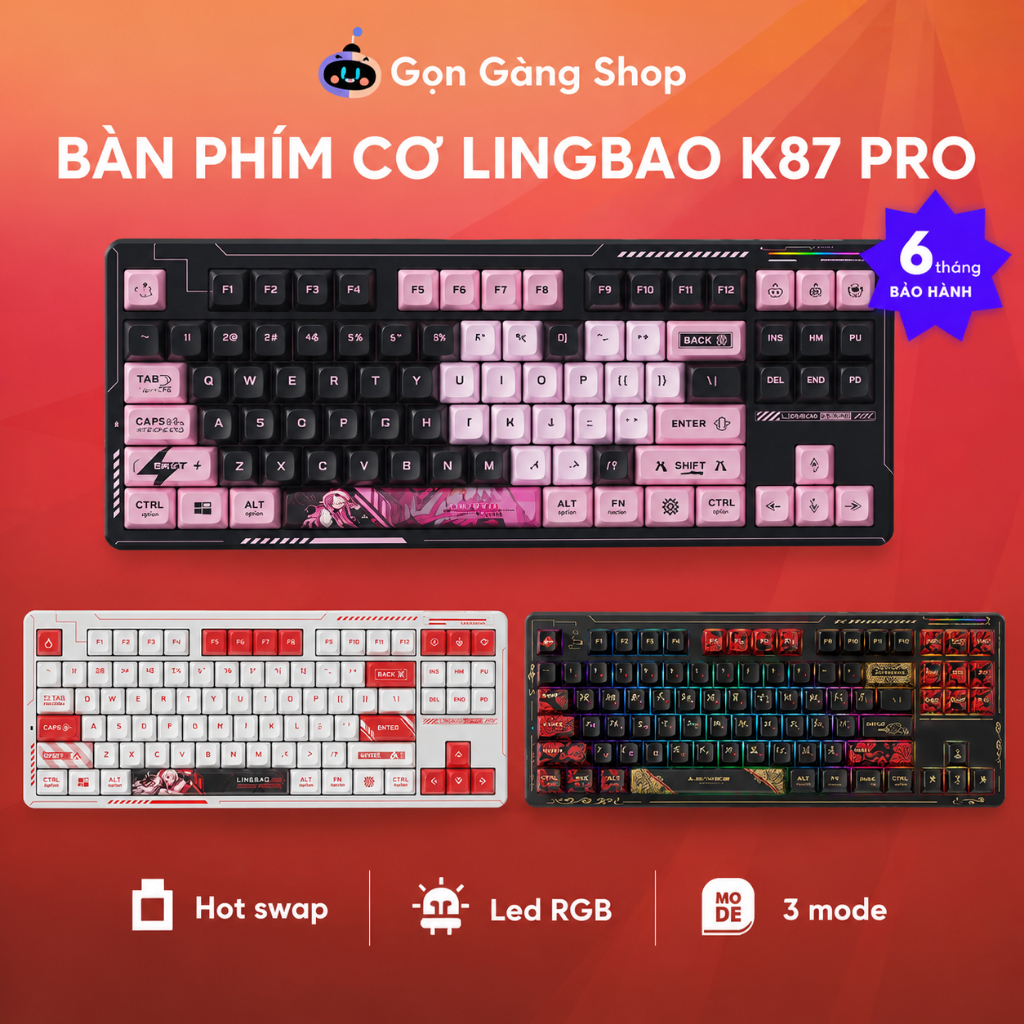 Bàn Phím Cơ Chính Hãng Lingbao K87/K75 PRO - Anime Chủ đề - 3 Mode - RGB - Full Foam - Có App chỉnh