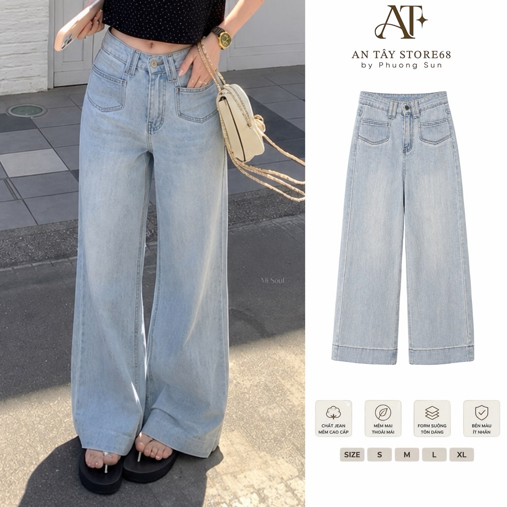 Quần Jean Suông Nữ AN TÂY Xanh Nhạt Ánh Mài Vải Jean Mềm Qc dài 100cm #8663  SMLXL