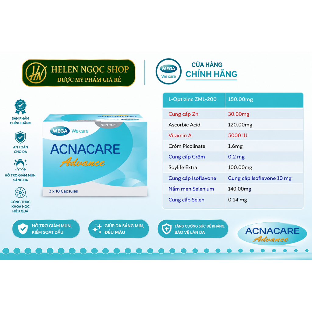 [19+] ACNACARE Advance Viên Uống Giảm Mụn, Kiểm Soát Nhờn, Chống Lão Hóa Da (MEGA WECARE)