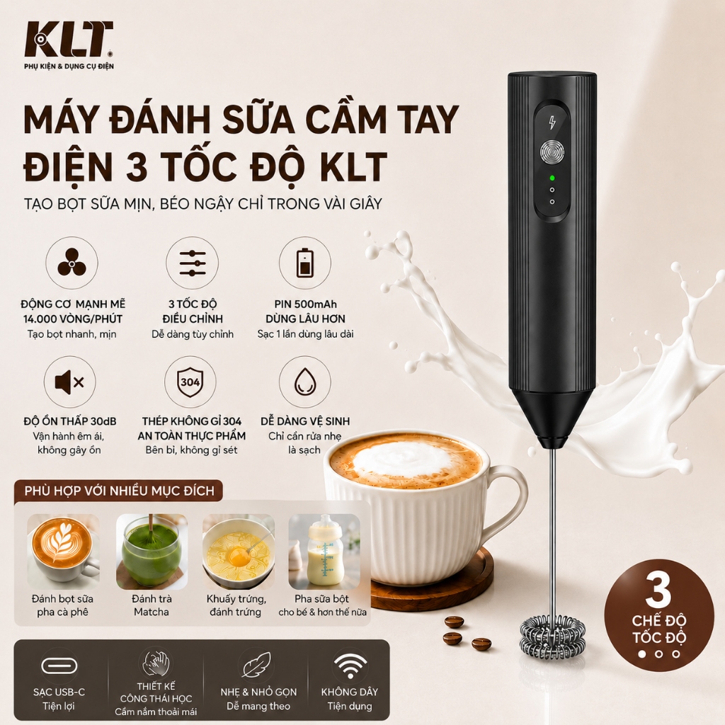 KLT EF-A Máy Đánh Bọt Sữa Điện 3 Tốc Độ | Sạc Lại | Tạo Bọt Nhanh | BigBuy360 - bigbuy360.vn