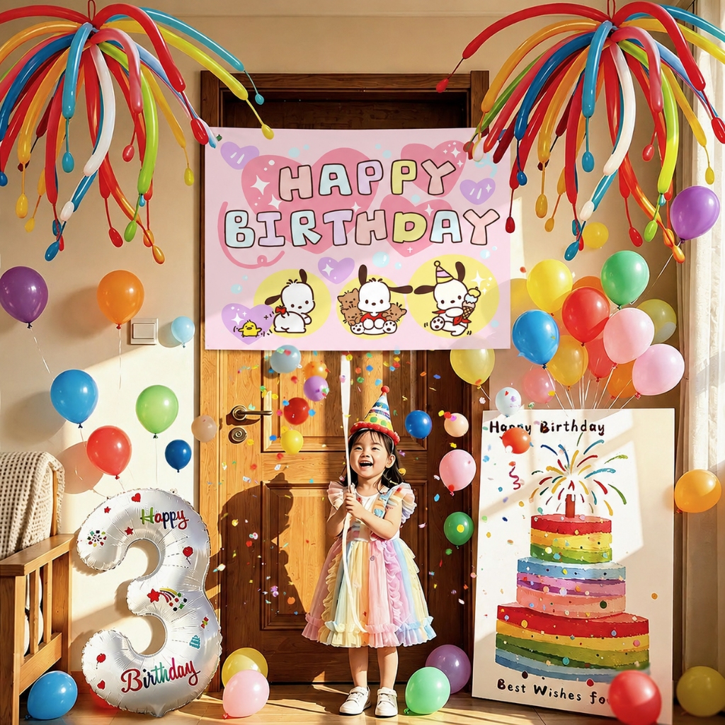 Set Bóng Bay Sinh Nhật Giật Dây Kèm Phông Nền Happy Birthday Dễ Thương, Trang Trí Sinh Nhật Cho Bé Trai Bé Gái Tại Nhà
