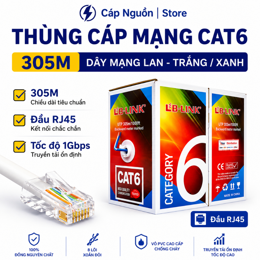 Dây Mạng CAT6 LB-LINK SOTAKO Cuộn 305M Cáp LAN 8 Lõi Xanh - Trắng RJ45 Tốc Độ 1Gbps Dùng Camera IP