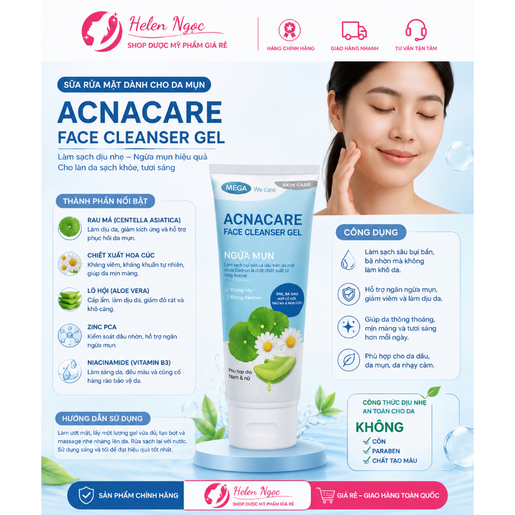 Sữa rửa mặt ACNACARE face cleanser Gel dành cho da nhờn mụn 75g chứa Rau má, Cúc la mã, nha đam