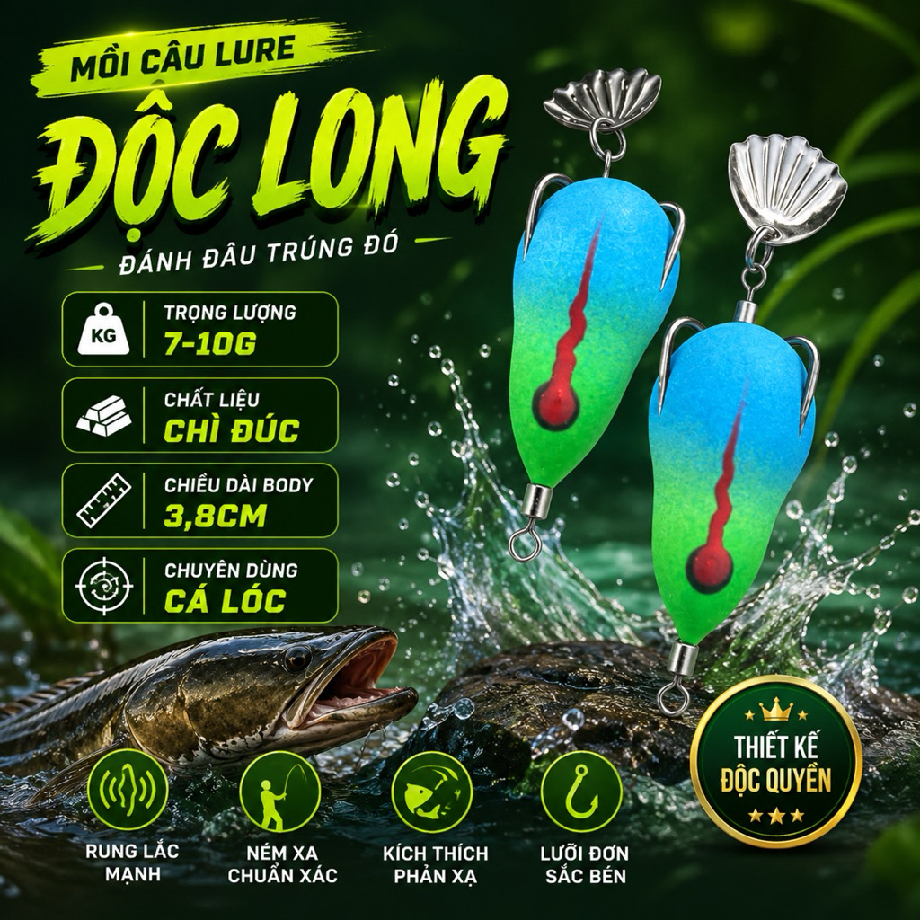 Mồi câu lure Độc Long,chì đúc nguyên khối (mua 1 tặng 2 khóa lure )