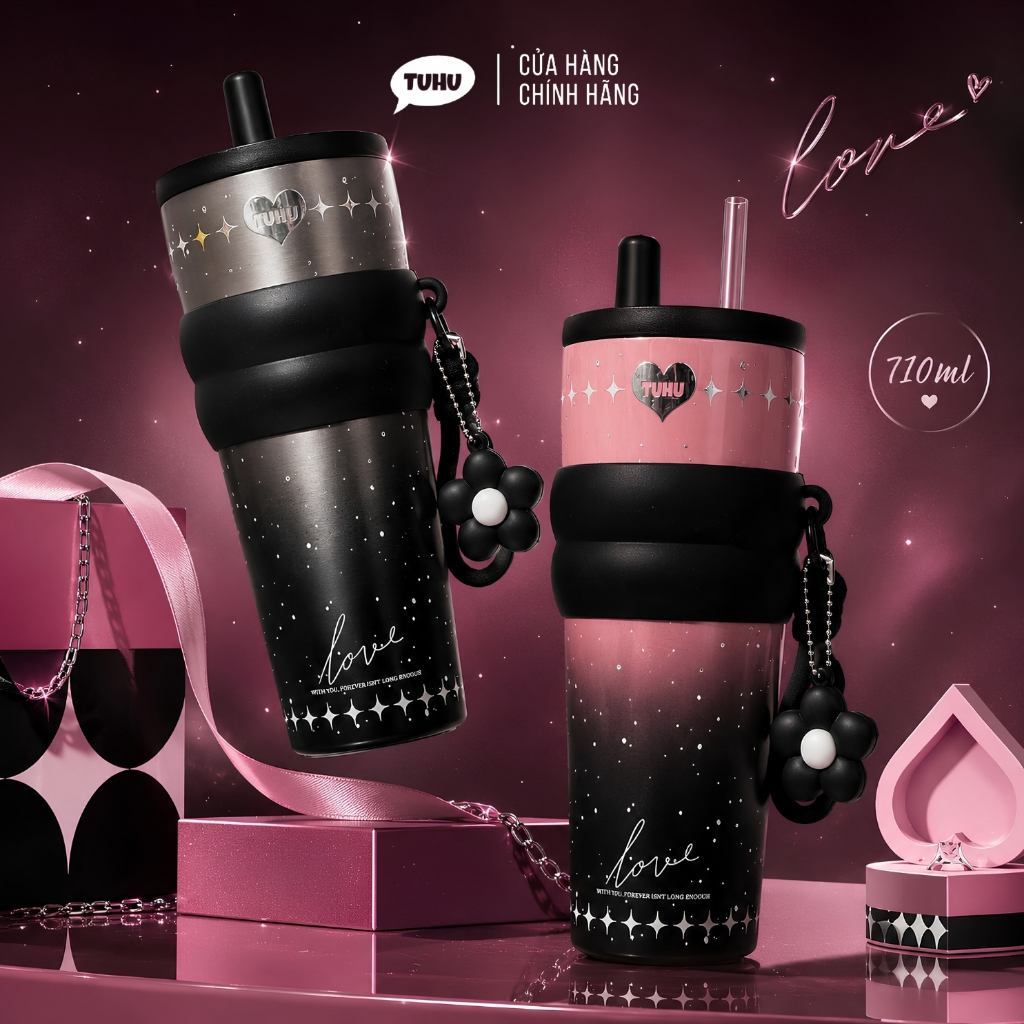 Ly giữ nhiệt LOVE 710ml inox 316 phủ sứ, bình nước giữ nhiệt quà tặng cặp đôi kèm charm couple hút n
