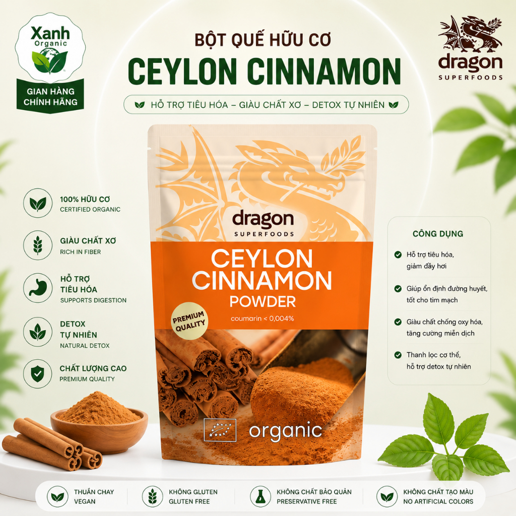Bột quế hữu cơ Dragon Superfoods 150g Ceylon Cinnamon Powder