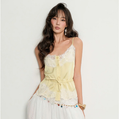 TUBYCATU Áo Hai Dây Lụa Phối Ren Thắt Nơ Eo Lemon Lace Sang Chảnh Quyến Rũ