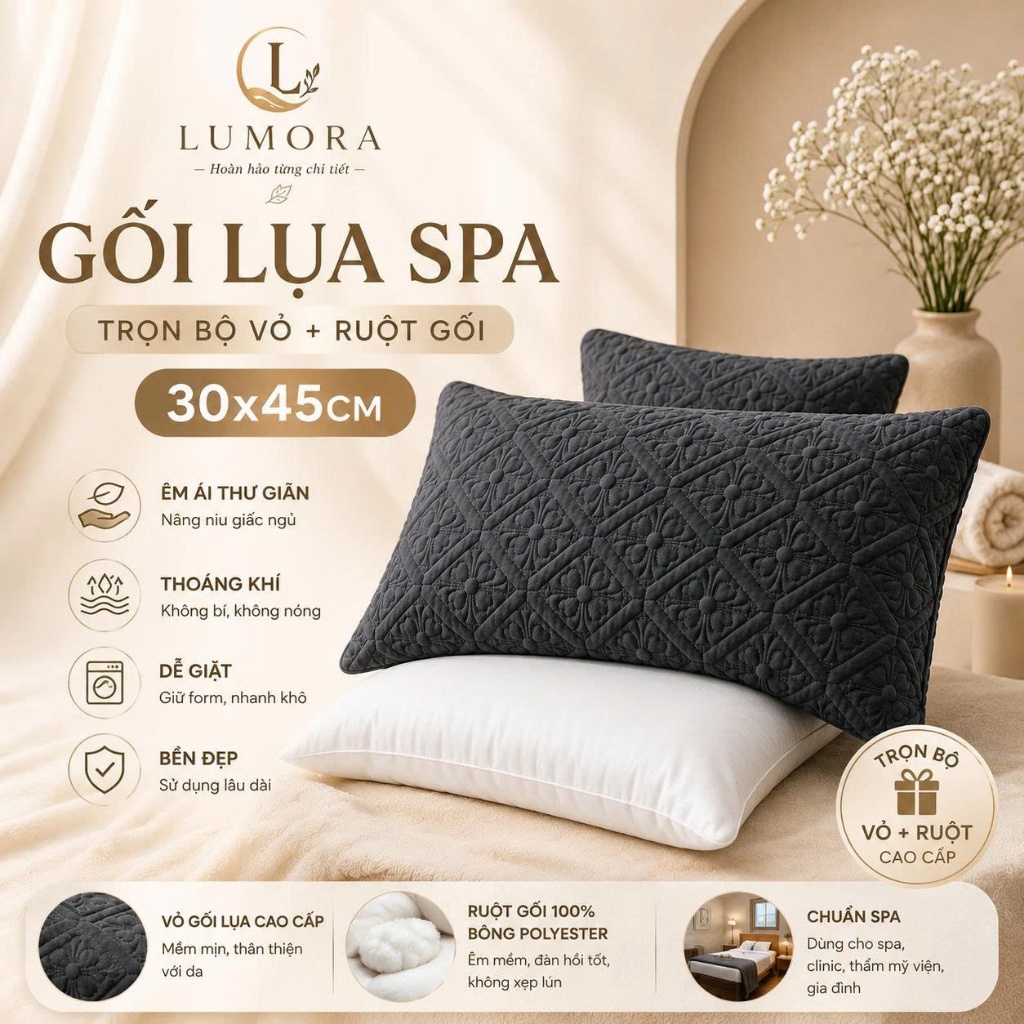 Gối Lụa Spa 30x45 Cao Cấp Lumora Towel - Vỏ + Ruột Gối Mềm Mịn, Chống Trượt, Dùng Cho Spa Thẩm Mỹ Vi
