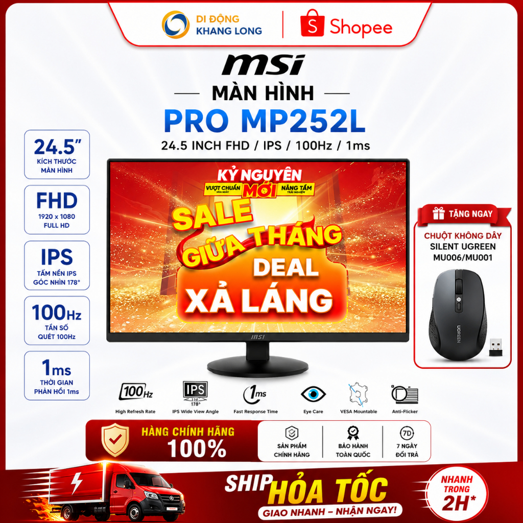 Màn hình máy tính văn phòng MSI PRO MP252L 24.5 inch FHD/IPS/100Hz/1ms - Bảo hành 24 tháng