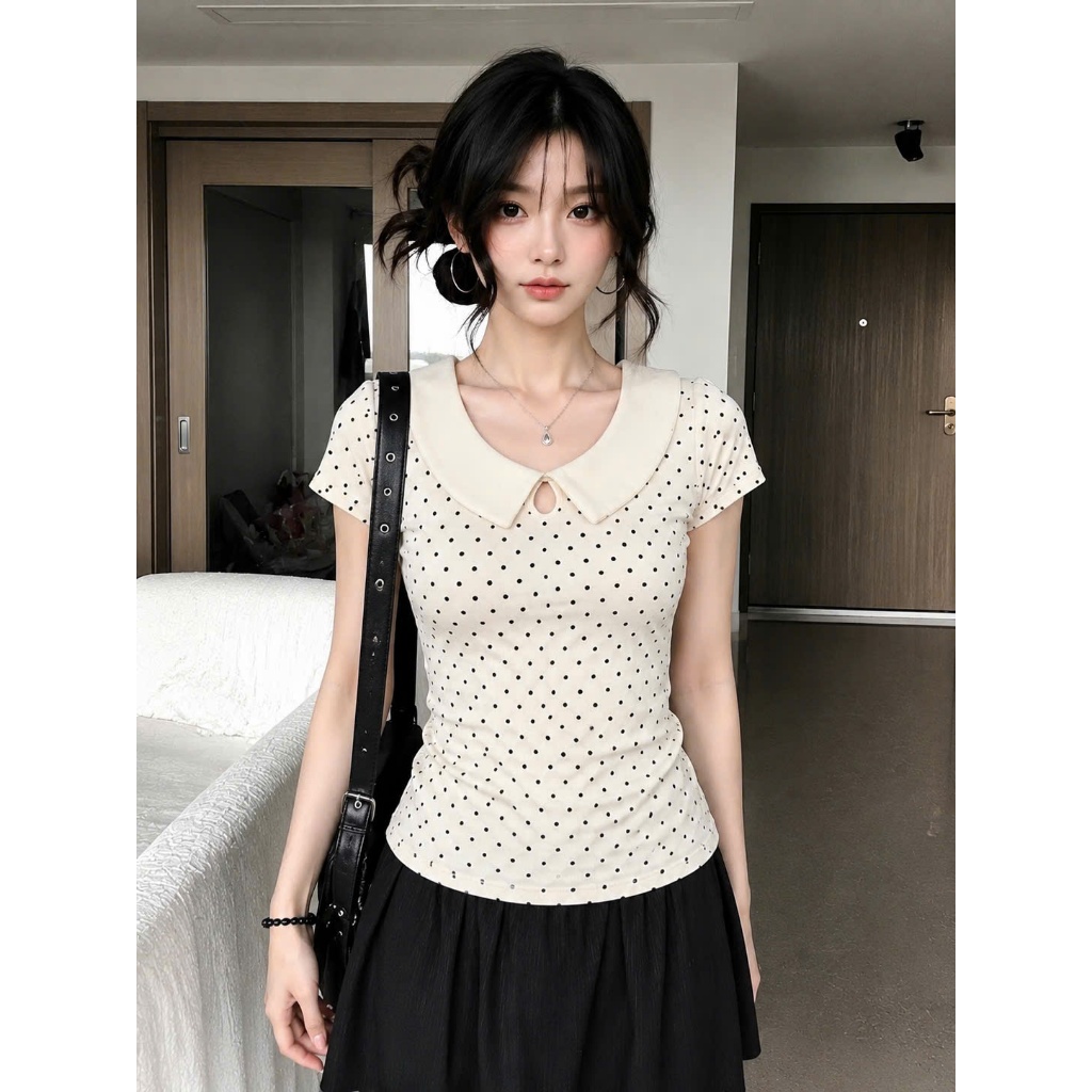 HILAHOUSE | Áo Thun Ngắn Tay Họa Tiết Chấm Bi, Phong Cách Trẻ Trung, Ngọt Ngào Và Cá Tính, Áo Mới Ch