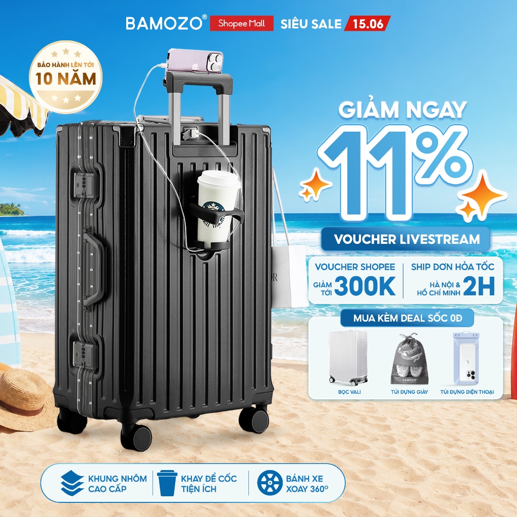 Vali Bamozo Khung Nhôm 9066 Size 20/24/28 Cao Cấp Bo 4 Góc Kim Loại Chống Va Đập_9066