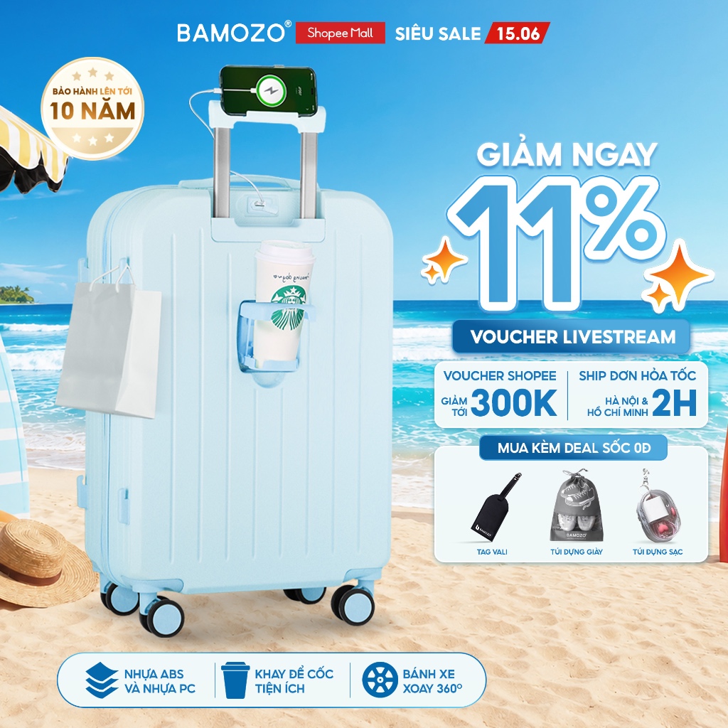 Vali Du Lịch Bamozo 8812 Thời Trang Size 20/24 Chất Liệu Nhựa ABS 3 Lớp Bền Đẹp_8812
