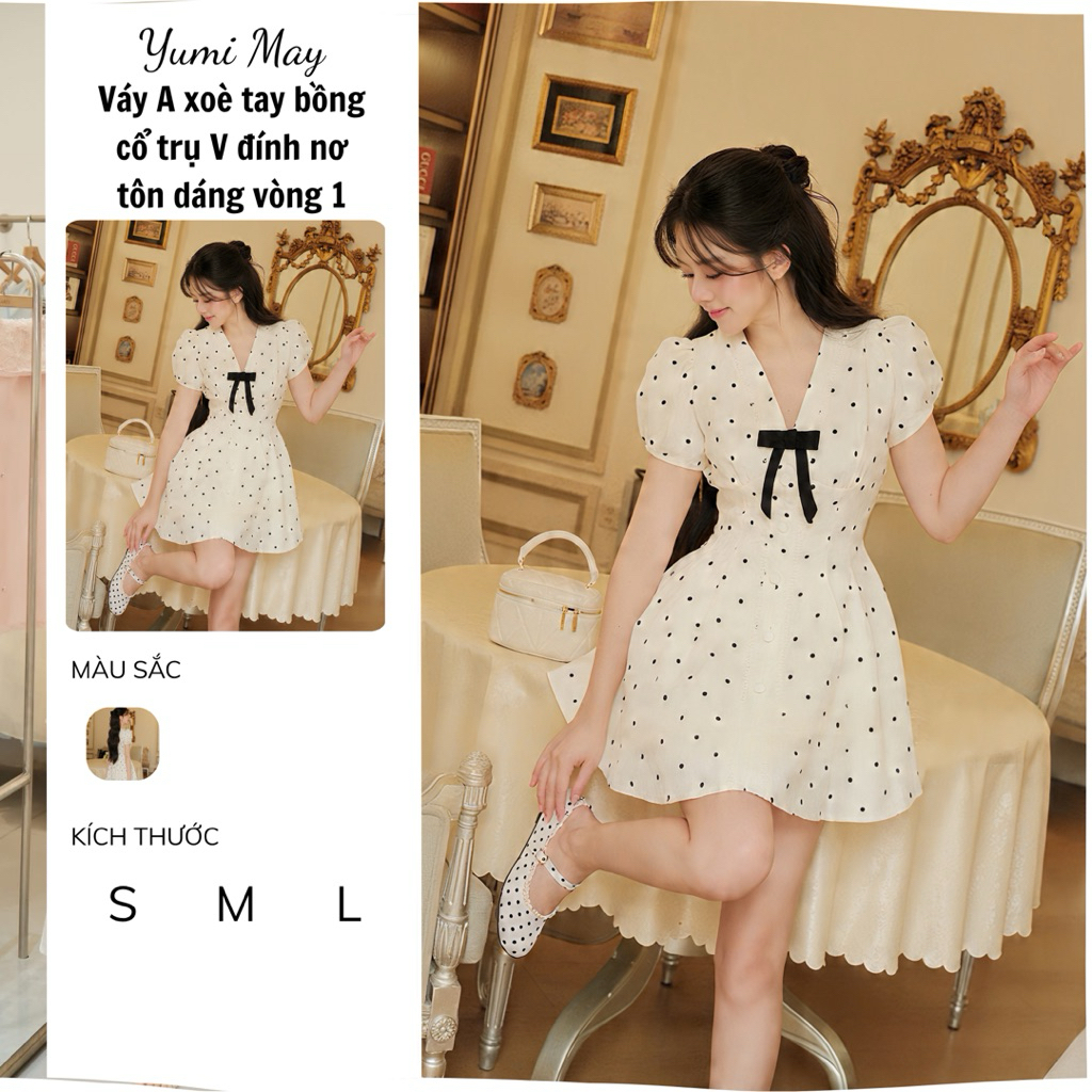 YUMI MAY - Váy A chấm bi tay bồng cổ V đính nơ tôn dáng vòng 1 lên form cực đẹp #Y296