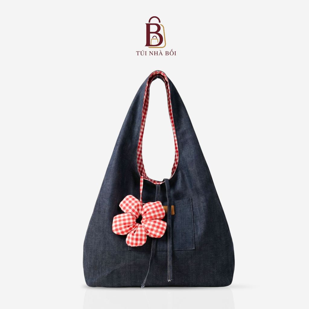 Túi Tote Nữ Canvas Caro 2 Mặt Có Charm Hoa, Đeo Vai Đi Học,Đi Chơi Thời Trang, Túi Nhà Bối T-10.