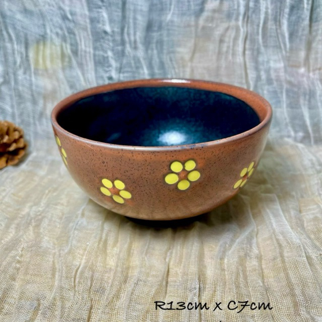 HANA HOUSE-Tô Gốm Nhật Hoa Vàng Men Xanh Lòng Sâu 13cm | Chén Tô Gốm Thủ Công Ăn Cơm, Mì, Cháo