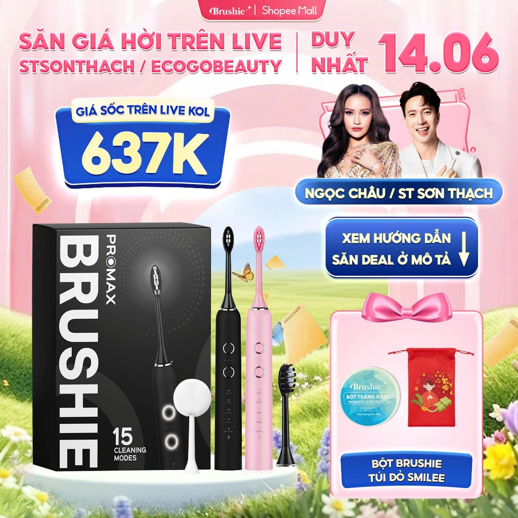 [GIÁ 637K LIVE KOL 14.6] Bàn chải điện Brushie Promax 15 chế độ làm sạch, set quà valentine tặng ngư