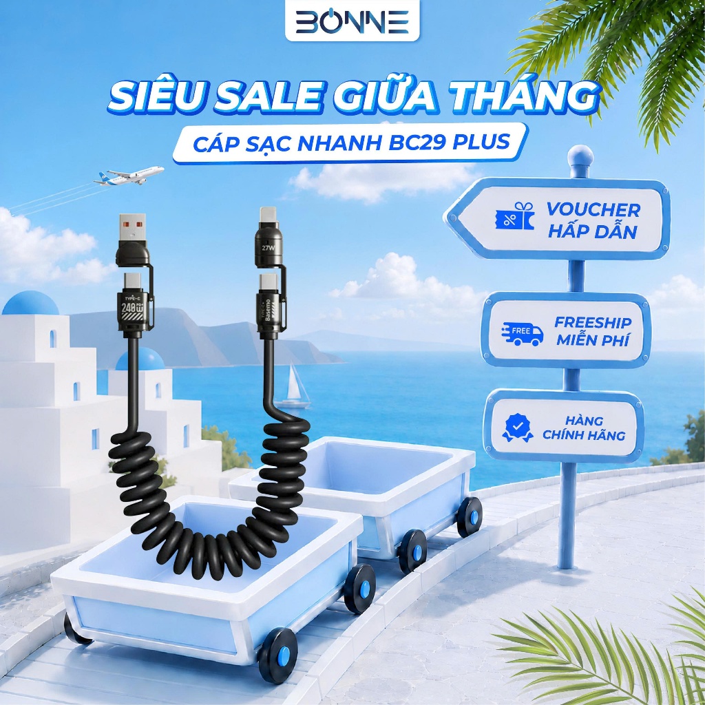 Cáp Sạc Lò Xo Đa Năng BC29 PLUS Sạc Nhanh 240W, Cáp Sạc Nhanh 4 IN 1 Chống Rối, Sạc Nhanh 240W