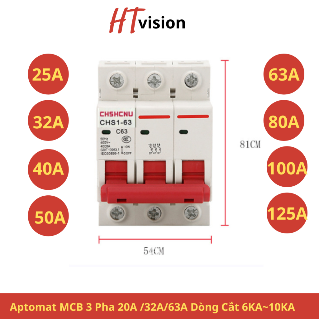 Cầu dao đóng ngắt điện 3 pha 32A 40A 63A CHS1, Aptomat 3P, MCB 3P, CB 3P bảo vệ quá tải, quá dòng
