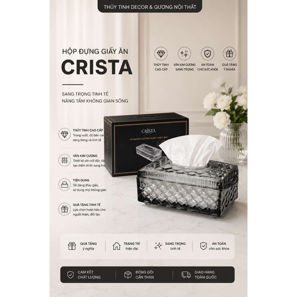 HỘP THỦY TINH ĐỰNG GIẤY ĂN VÂN KIM CƯƠNG CRISTA HOME - MÃ 60250