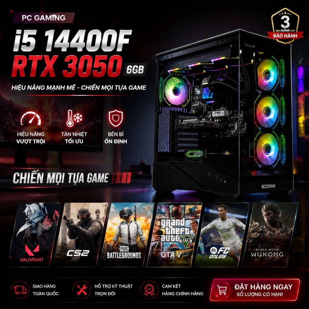 PC Gaming i5 14400F RTX 3050 6GB | RAM 16GB | SSD NVMe 512GB | B760 DDR4 | Tản Nước 360 | Chiến Game