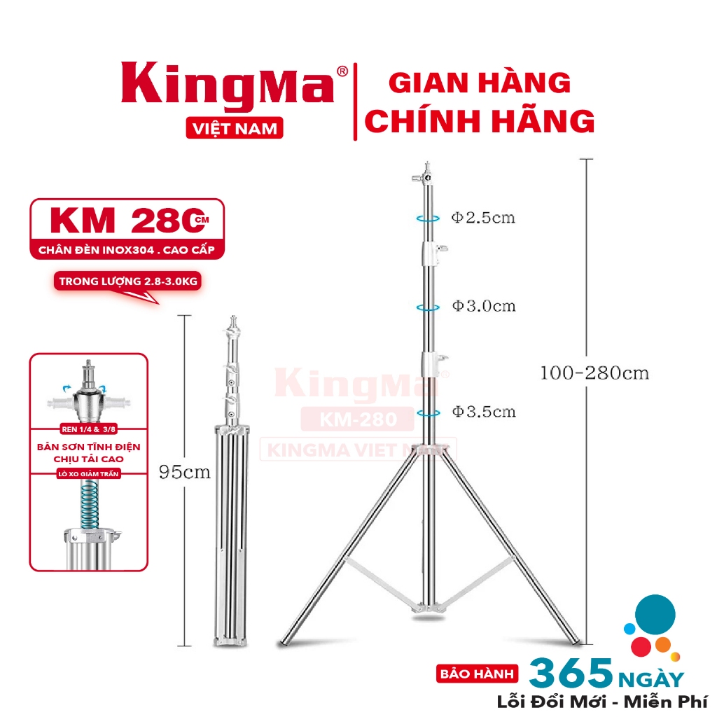 Chân Đèn Inox KingMa KM-280 Cao 2.8m Chính Hãng Ren 1/4 & 3/8 Chịu Tải Cao Cho Softbox Đèn Studio