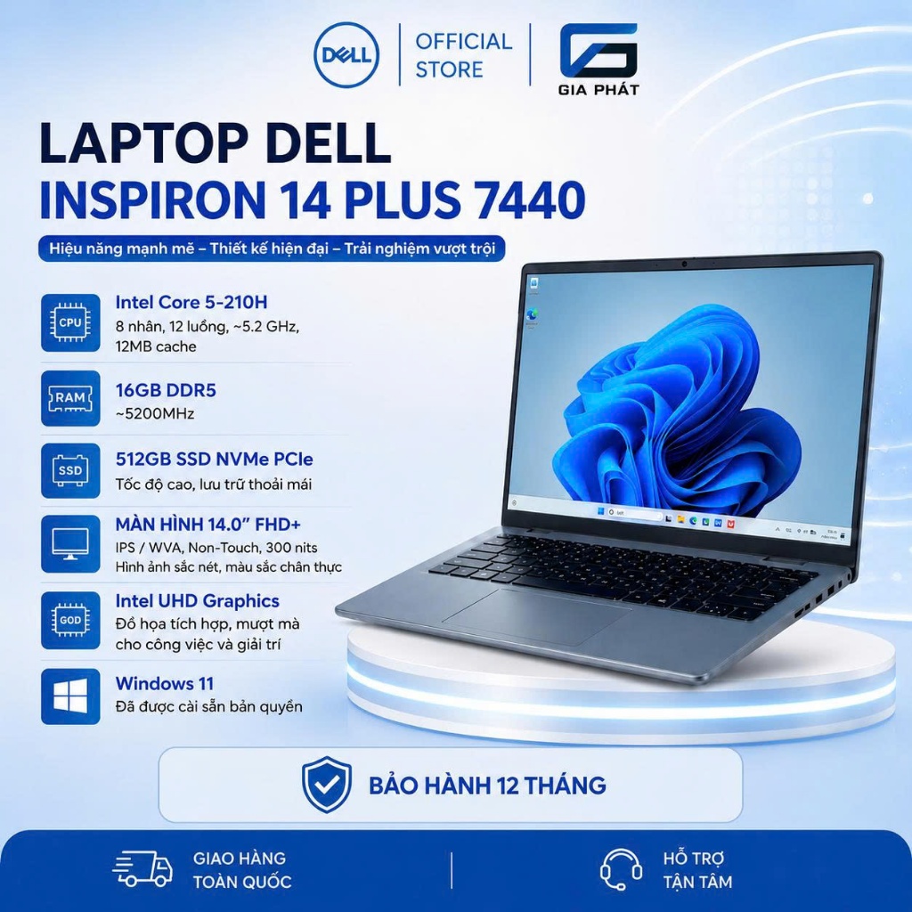 Laptop Dell Inspiron 14 Plus 7440 Core 5-210H | RAM 16GB D5 | SSD 512GB NVMe | Màn 14" FHD+ IPS | NK